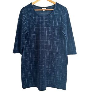 J Jill Navy Blue Checkered 3/4 Sleeve Shift Viscose Rayon Dress Size Medium